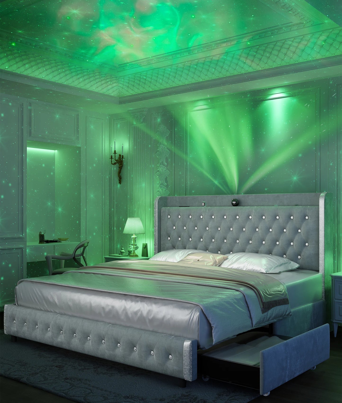 LED Bed Frame with Galaxy Projector