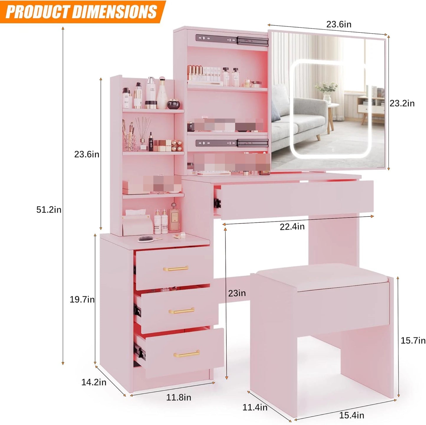 Makeup Vanity Desk with Sliding Lighted Mirror