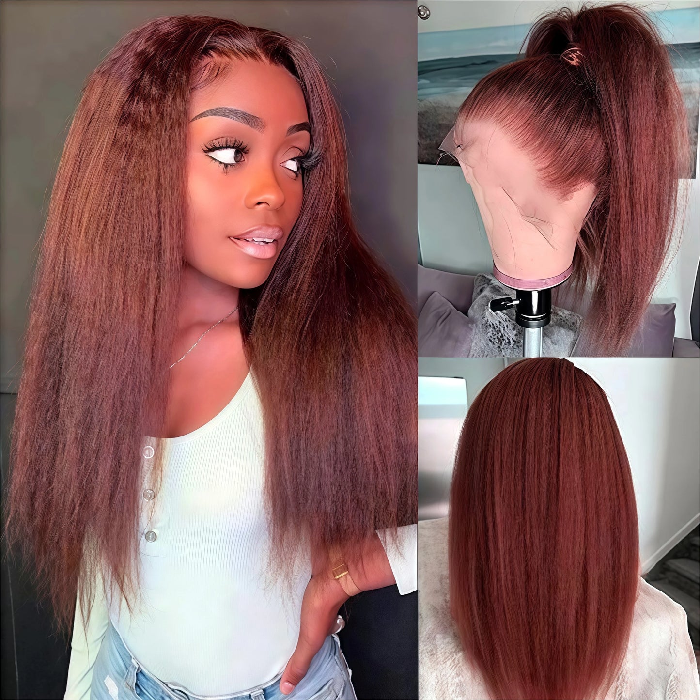 Reddish brown Kinky Straight Human Hair Wig