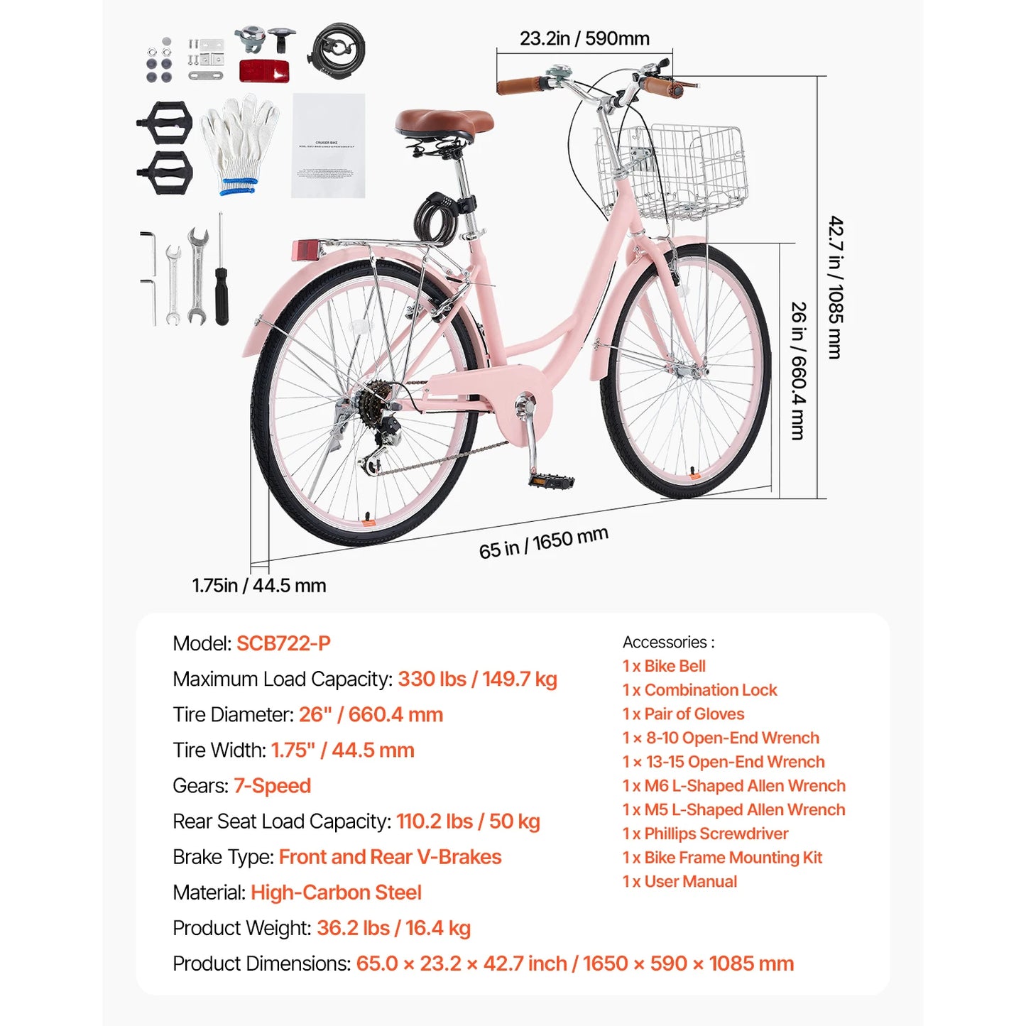 24/26" Beach Cruiser Bike with Basket