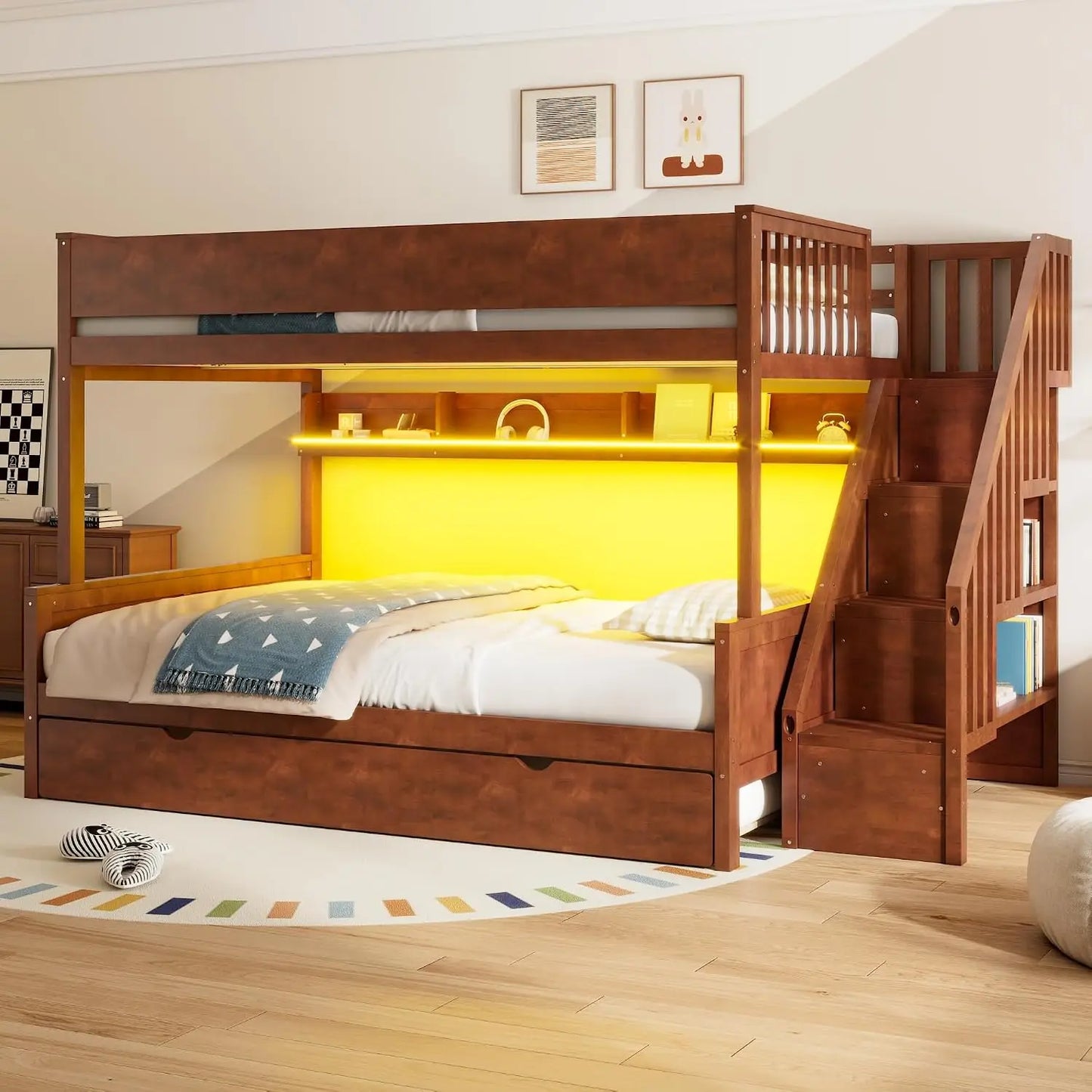 Full Bunk Bed with Desk and Bookshelves