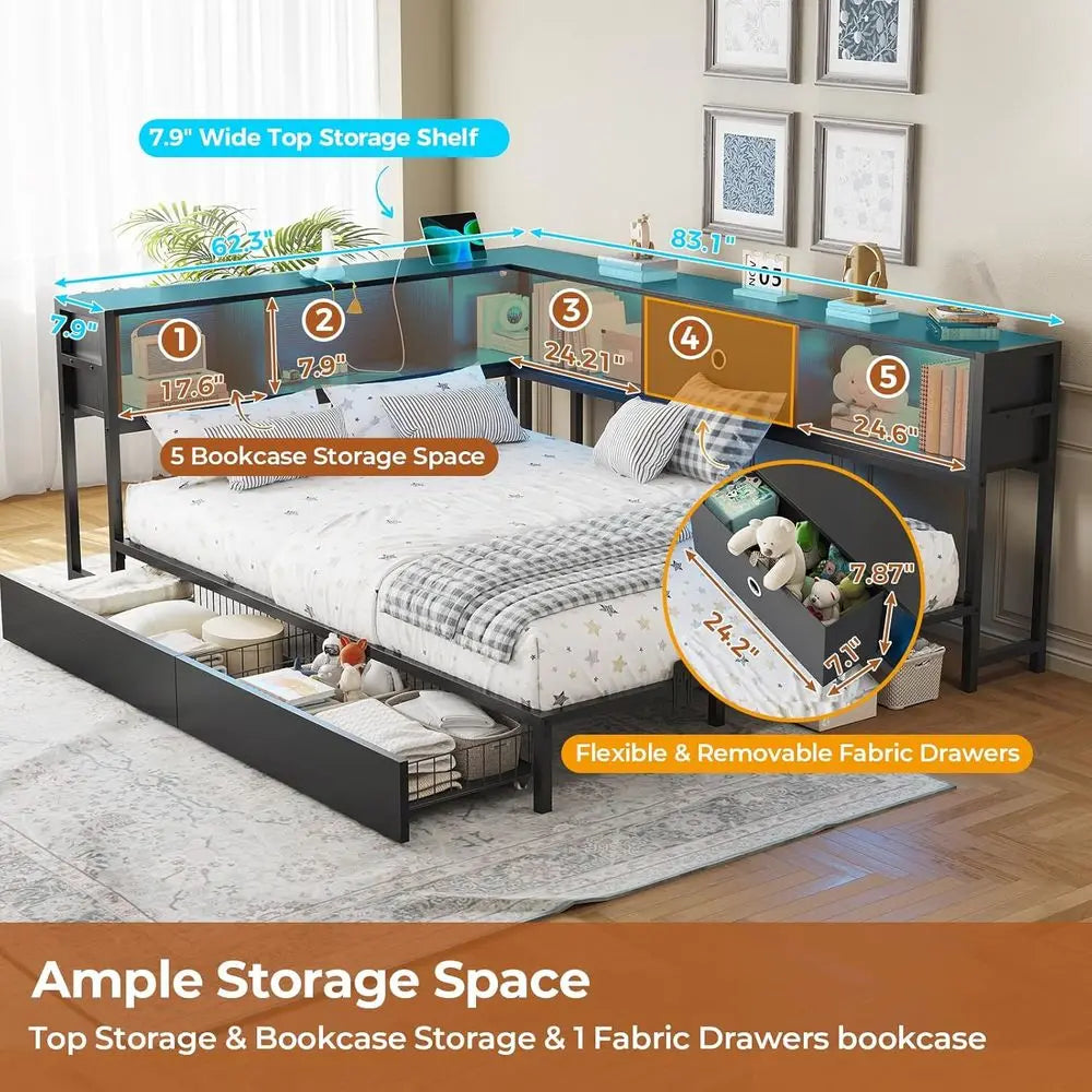 Platform Bed with Bookcase and Led Lights