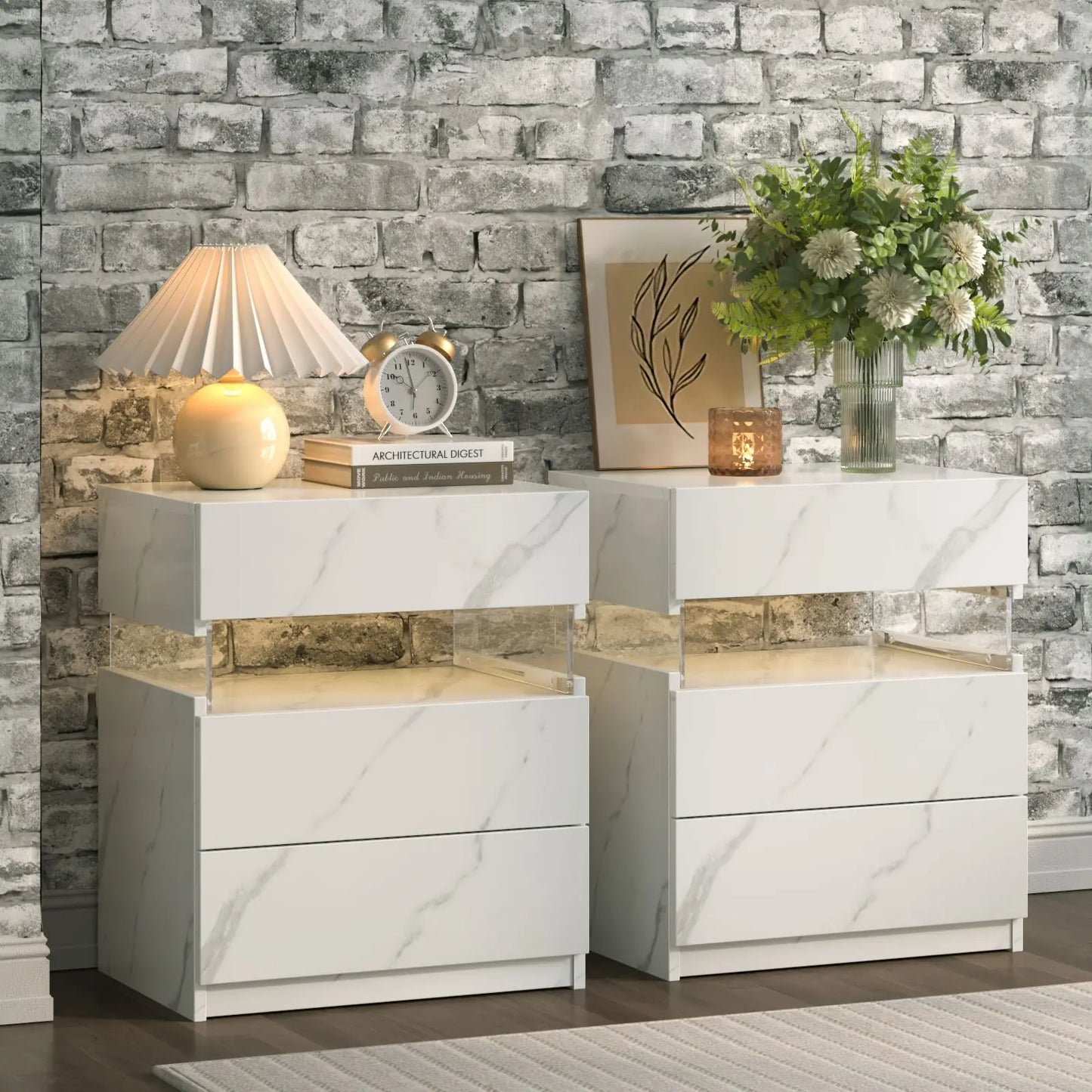 2 Set Bedside Tables with LED Lighting