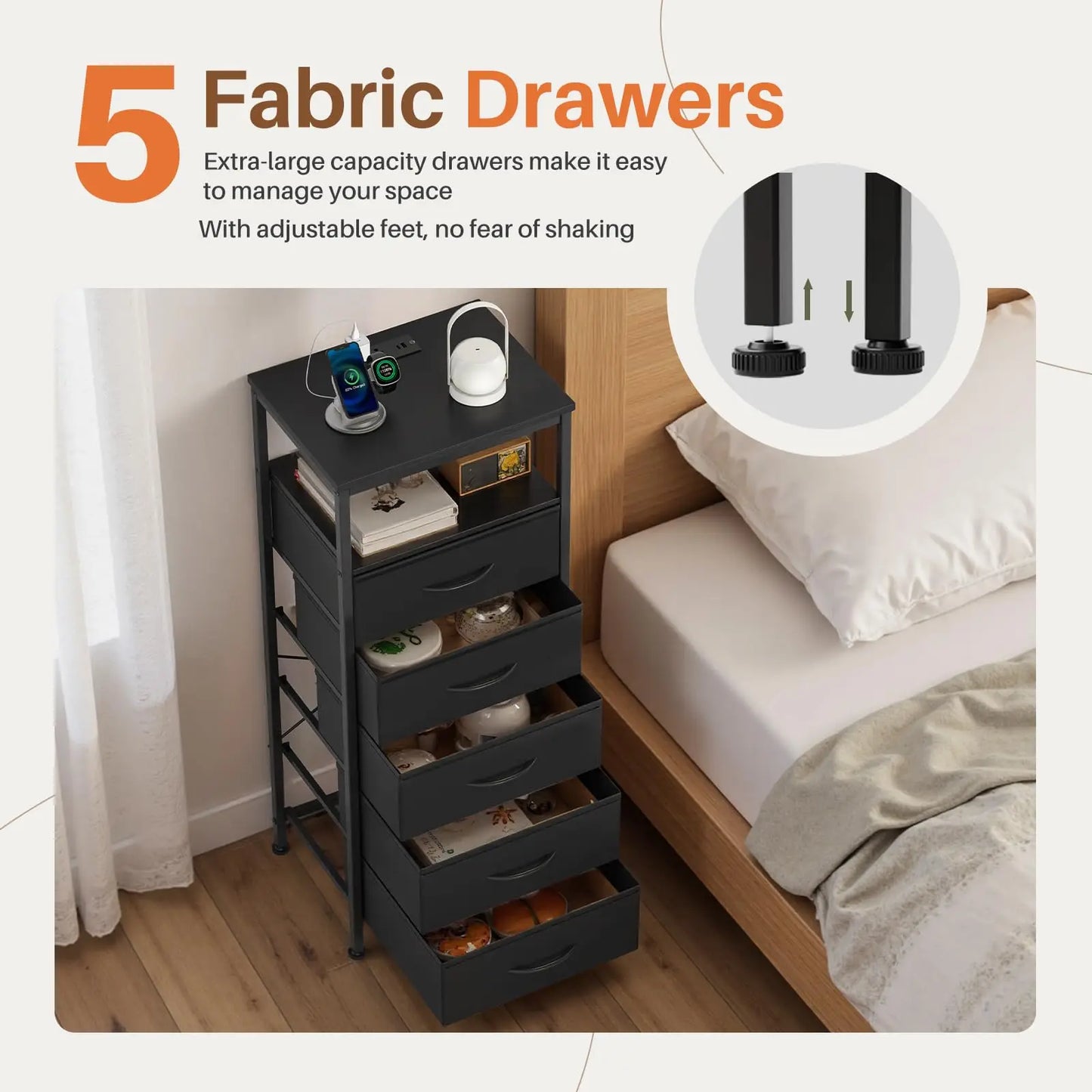 5 Fabric Drawers Nightstand