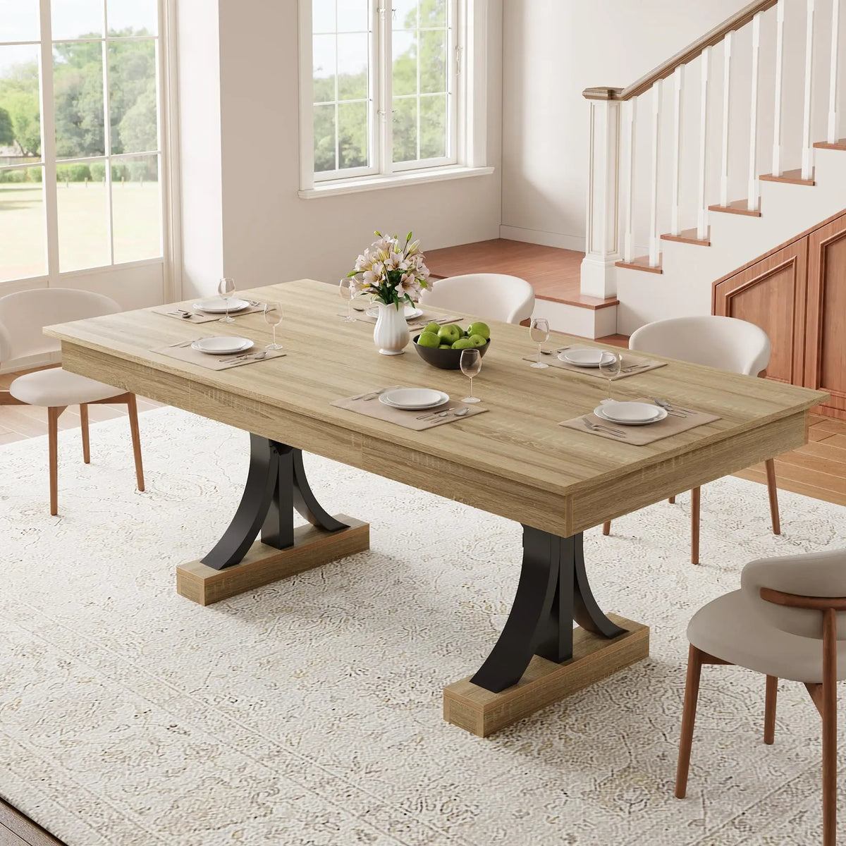 Wooden Kitchen Table, Double Pedestal Base