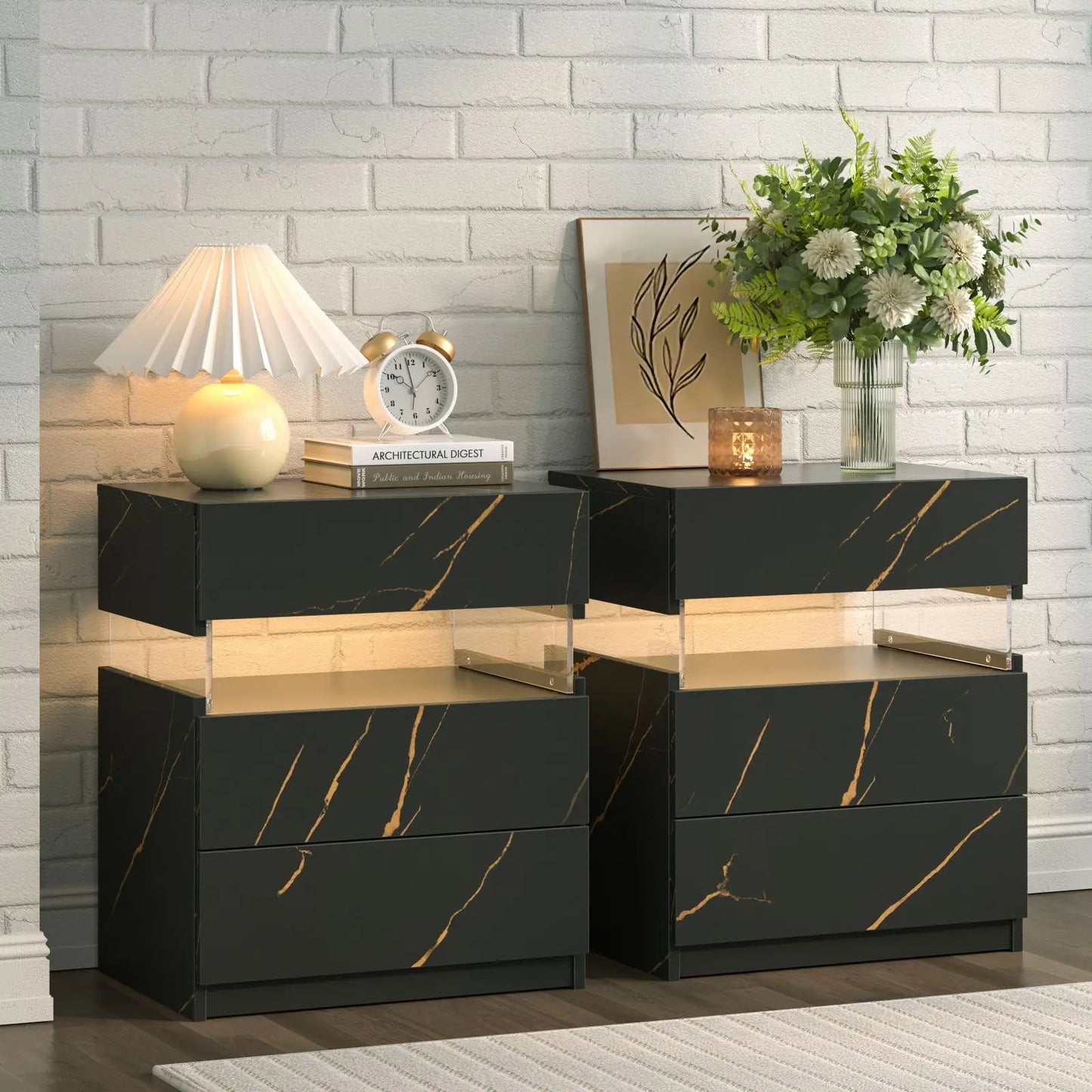 2 Set Bedside Tables with LED Lighting