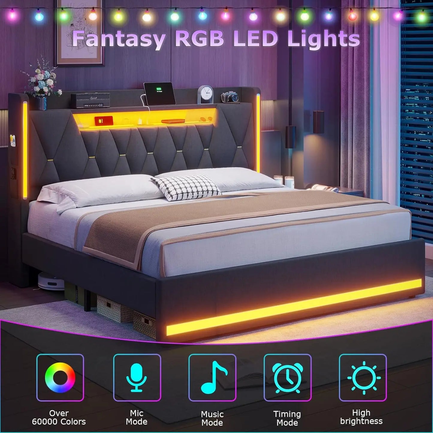LED King Bed Frame with Storage