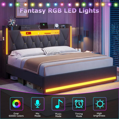 LED King Bed Frame with Storage