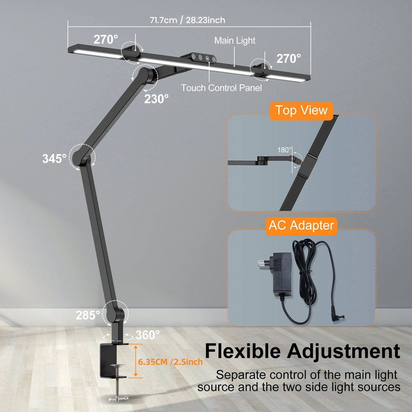 Three-head Desk Lamp, 45-degree Angle Design
