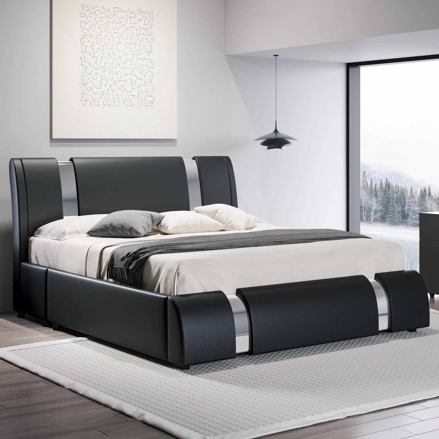 Faux Leather Bed Frame with Iron Pieces