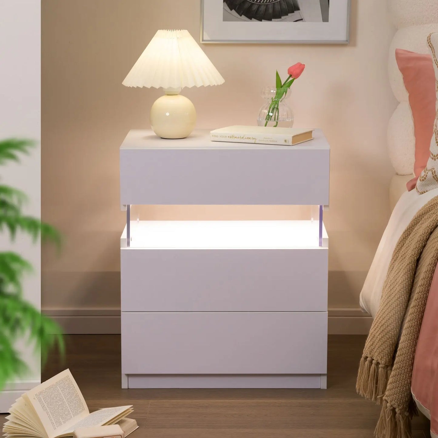 2 Set Bedside Tables with LED Lighting