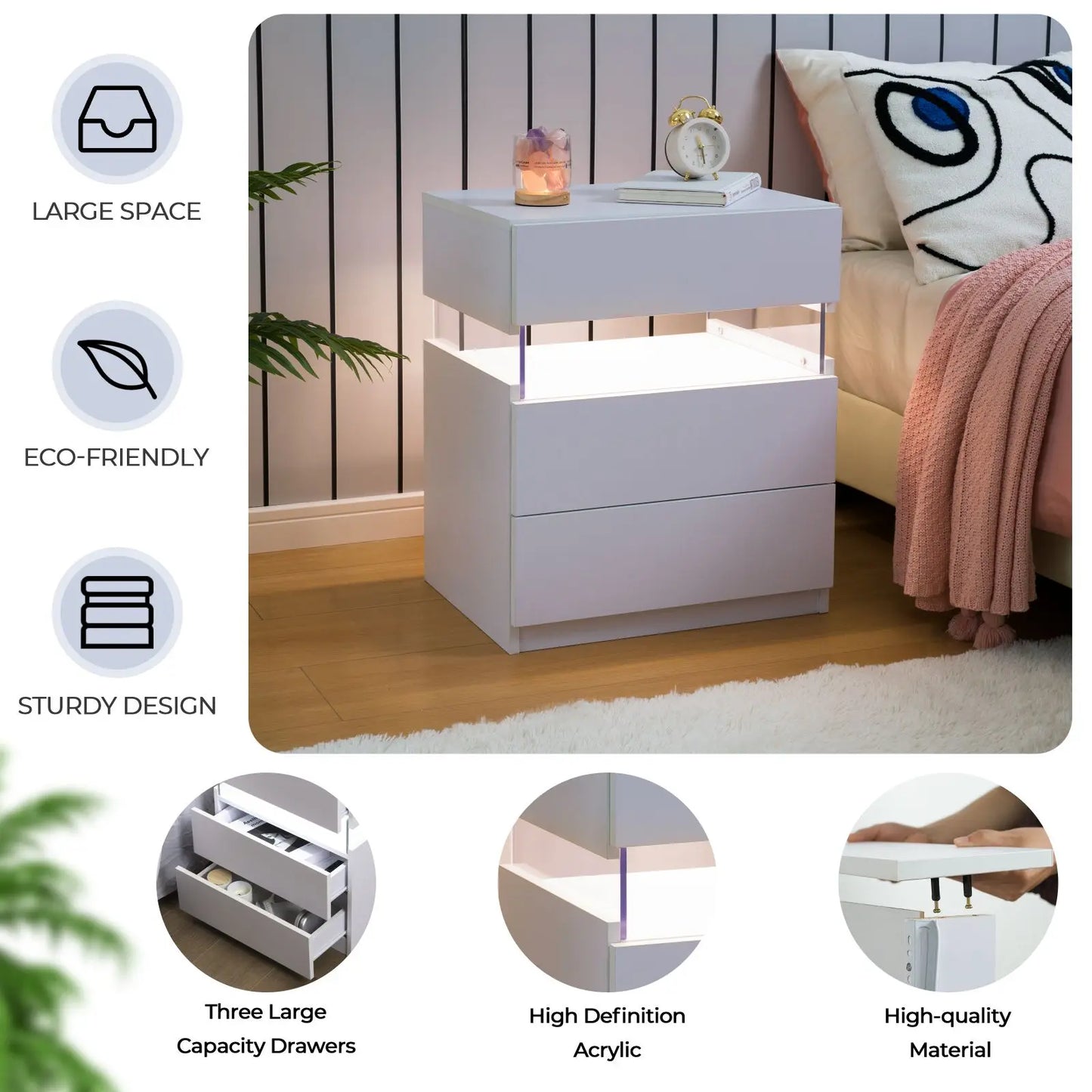 2 Set Bedside Tables with LED Lighting