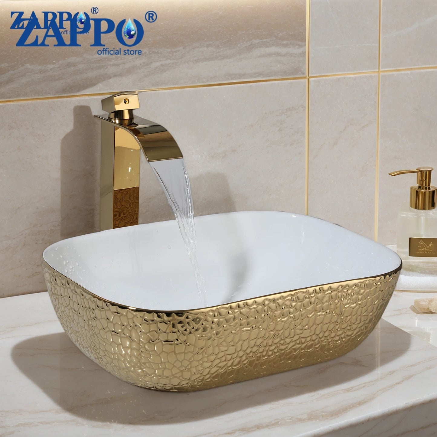 Gold & White Ceramic Vessel Above-Counter Sink