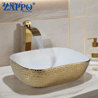 Gold & White Ceramic Vessel Above-Counter Sink
