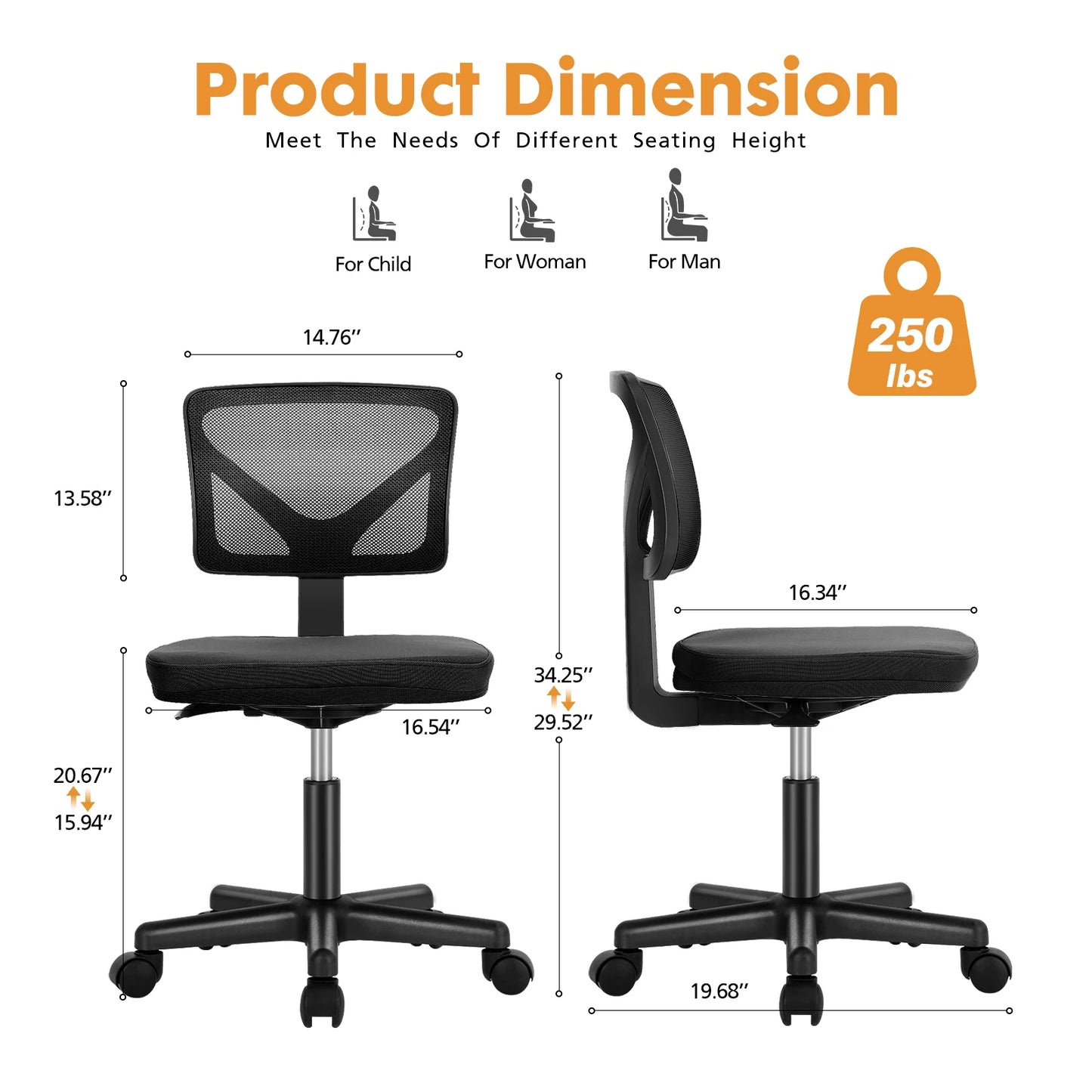 Lumbar Support Armless Rolling Swivel Computer Chair