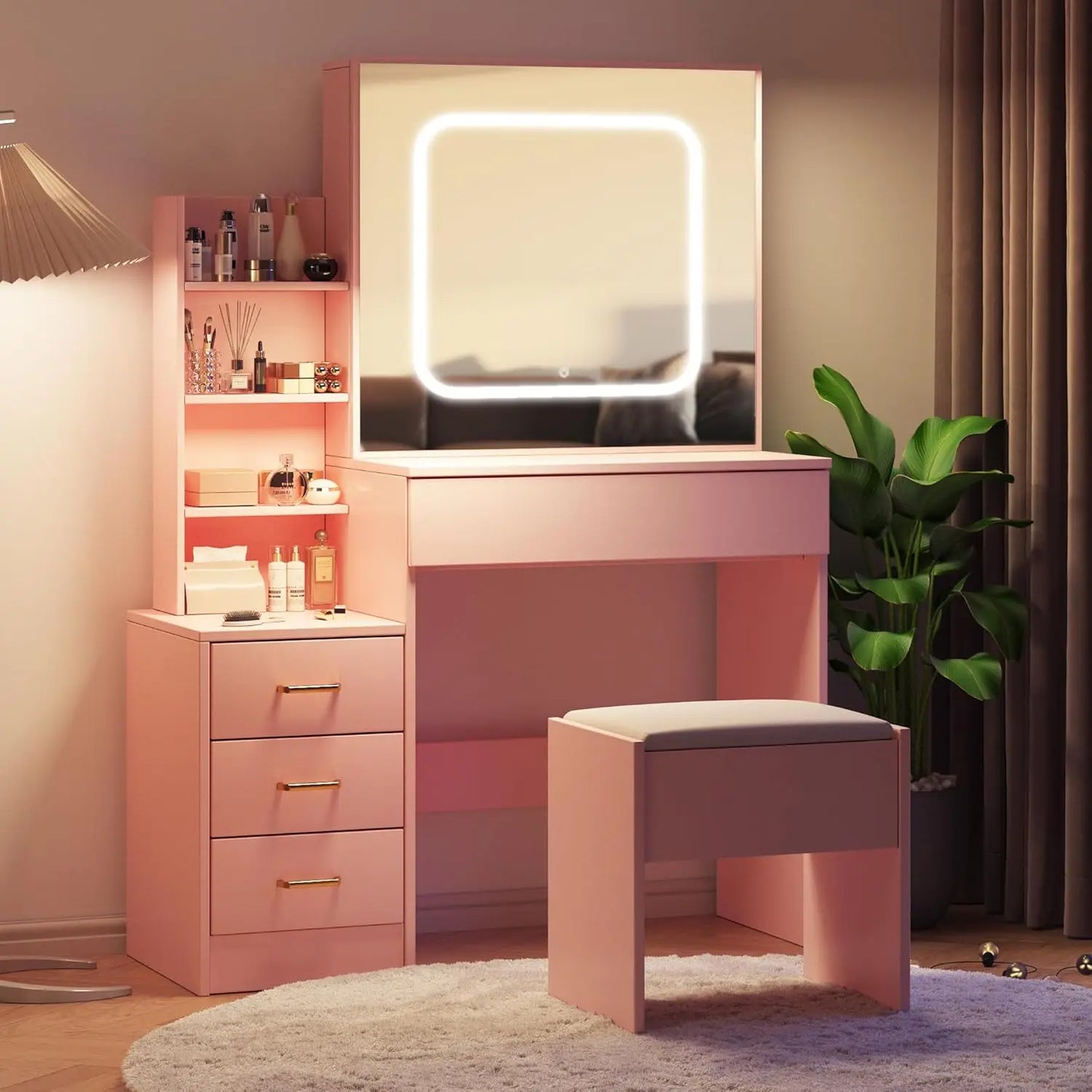 Makeup Vanity Desk with Sliding Lighted Mirror