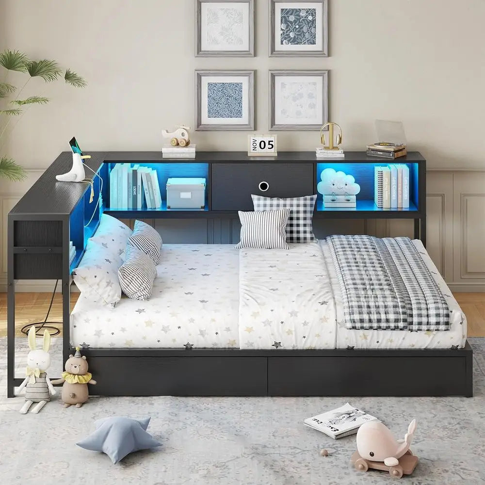 Platform Bed with Bookcase and Led Lights
