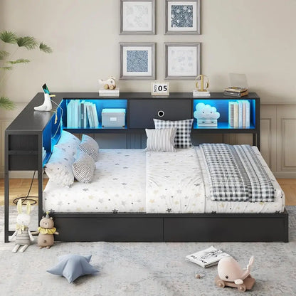 Platform Bed with Bookcase and Led Lights