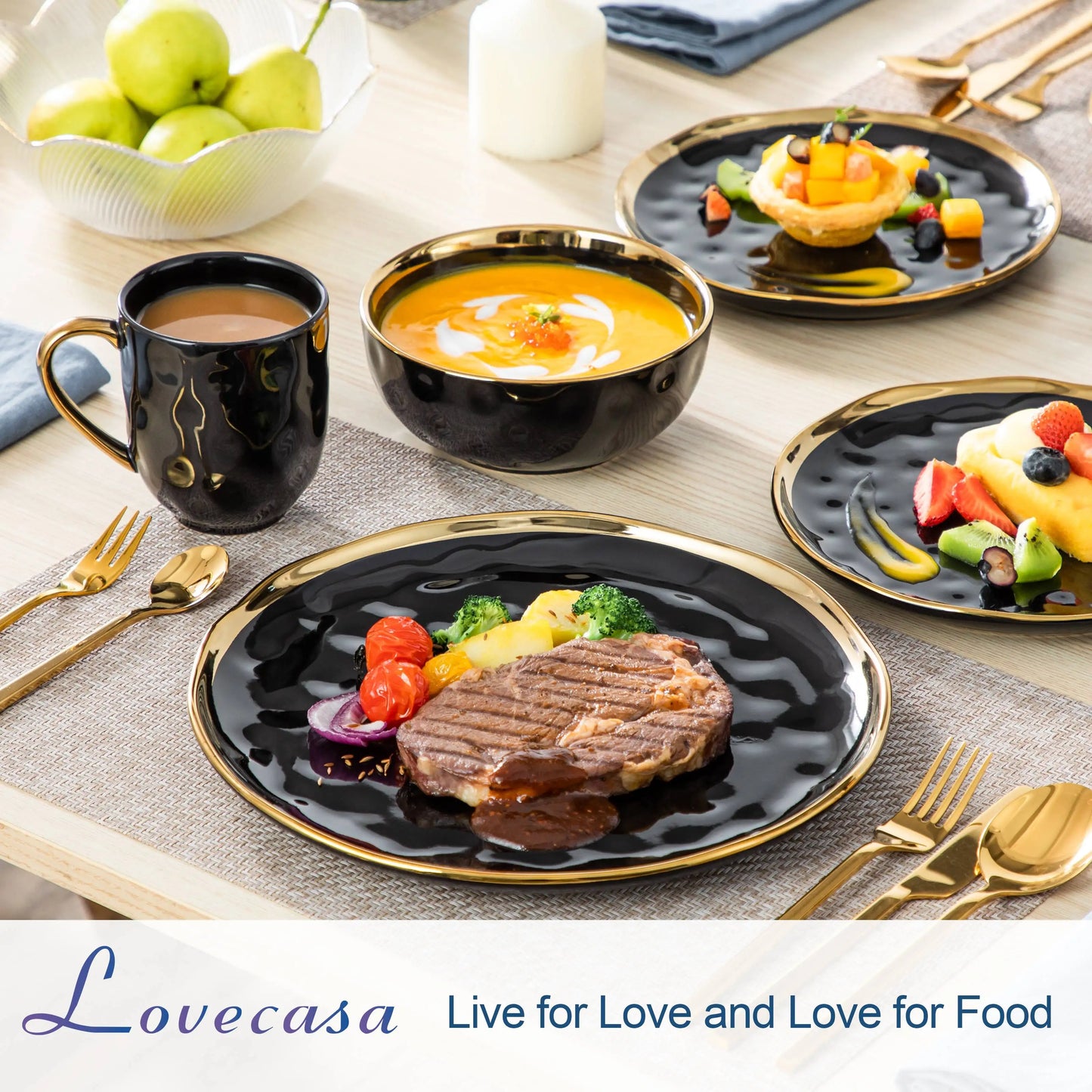 Black Porcelain Dinnerware with Gold Trim