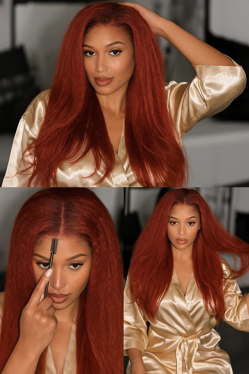 Reddish brown Kinky Straight Human Hair Wig