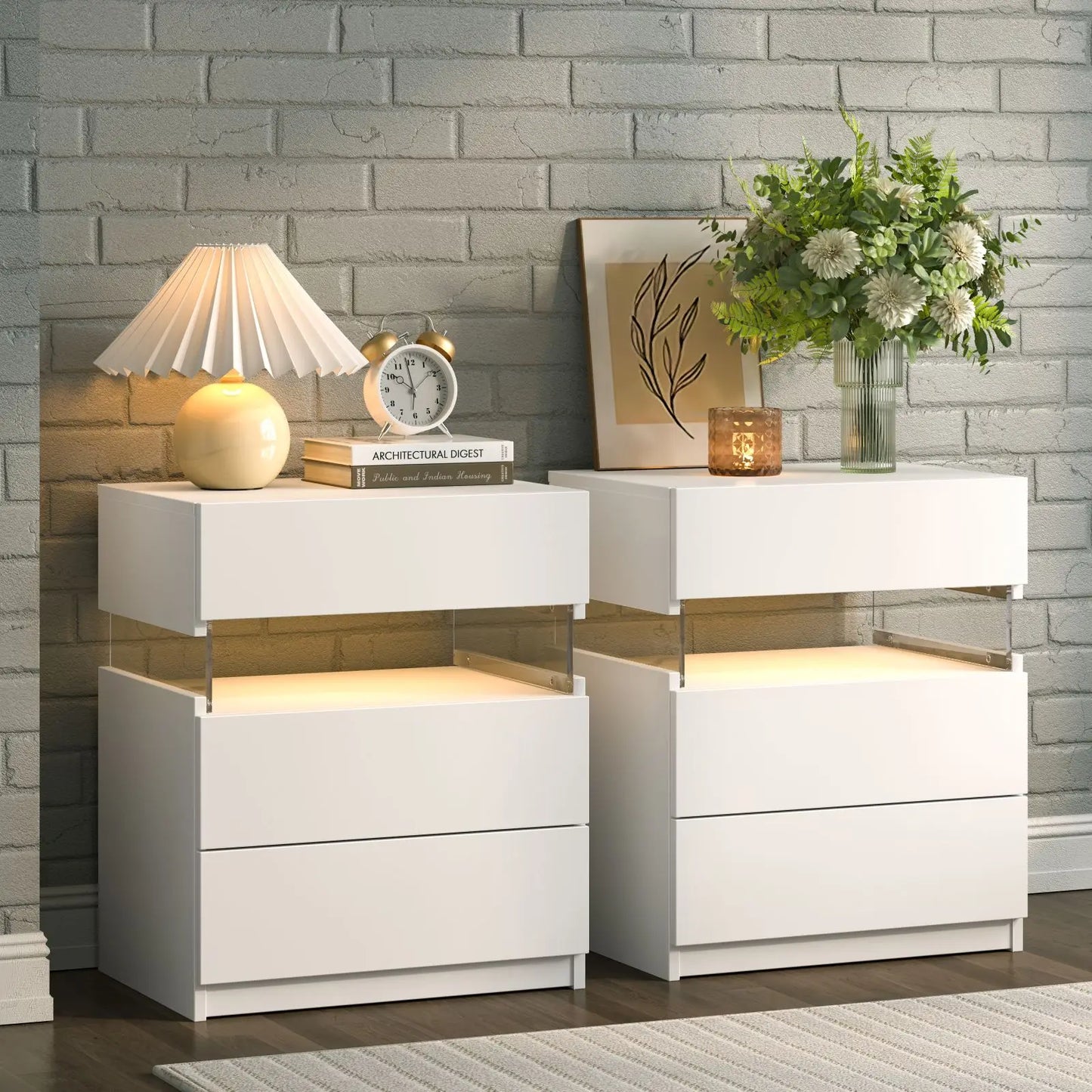 2 Set Bedside Tables with LED Lighting