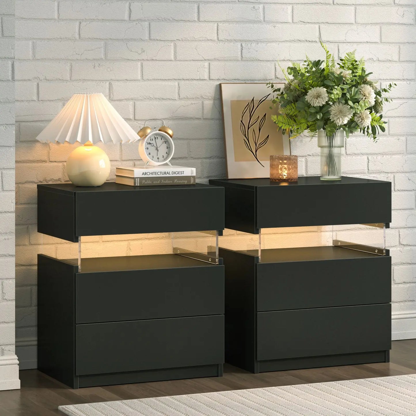2 Set Bedside Tables with LED Lighting
