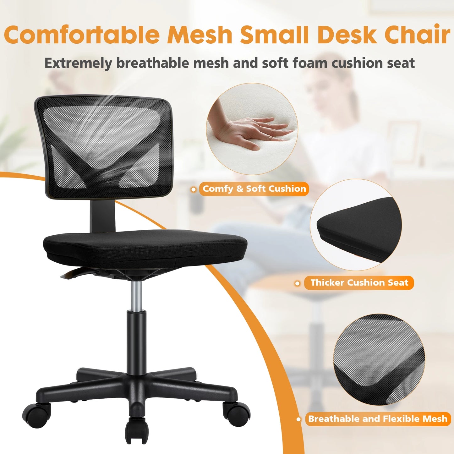 Lumbar Support Armless Rolling Swivel Computer Chair
