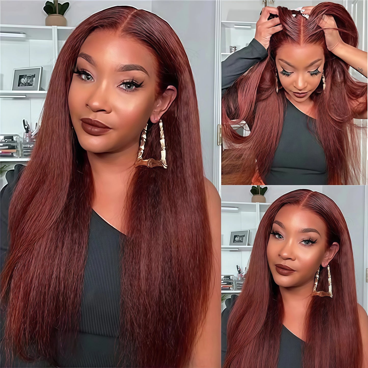 Reddish brown Kinky Straight Human Hair Wig
