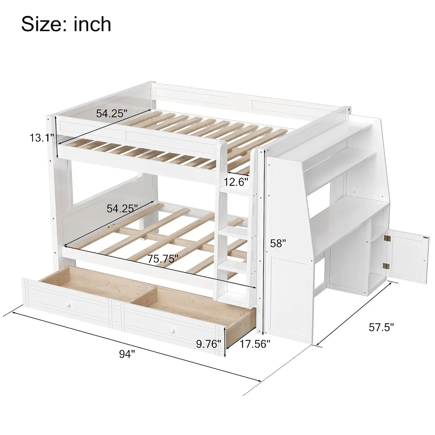 Full Bunk Bed with Desk and Bookshelves