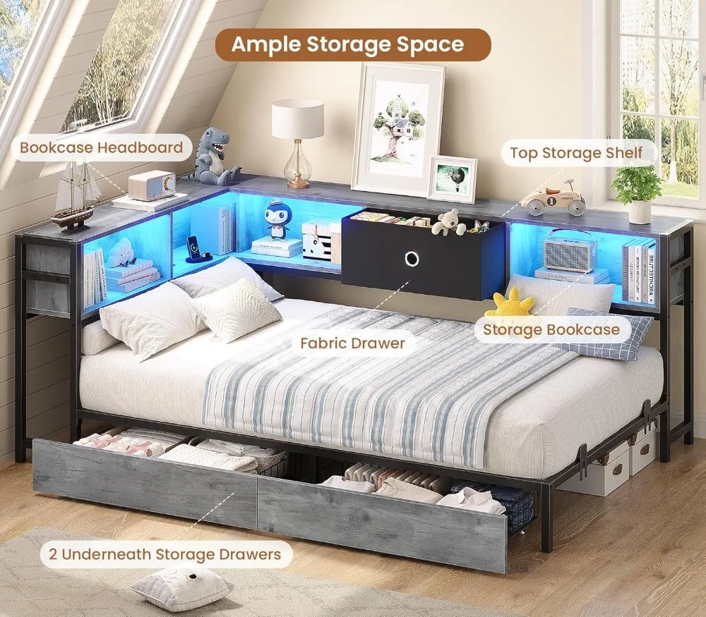 Twin Corner Bed Frame with Storage Drawers
