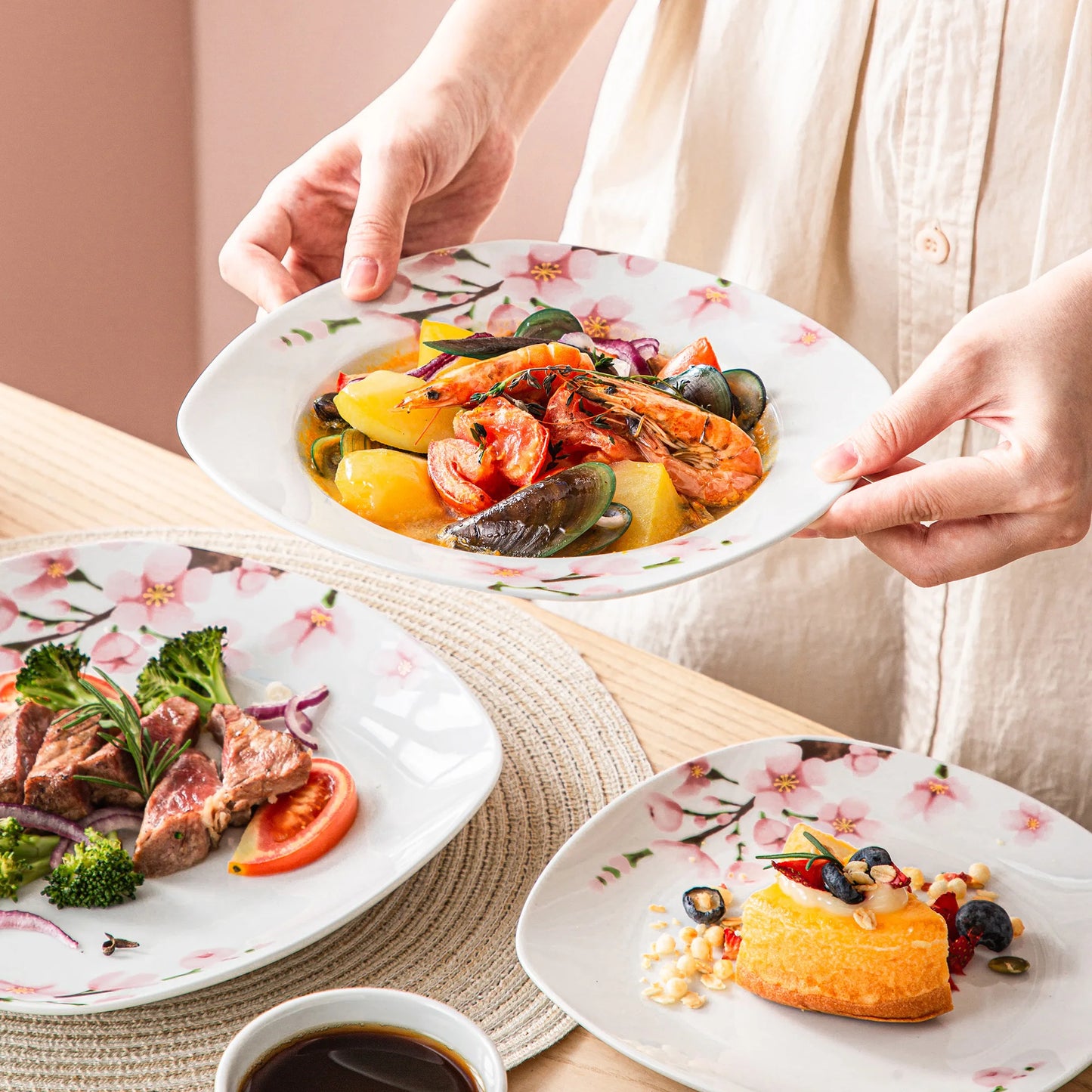 White Ceramic Pink Floral Porcelain Dinnerware