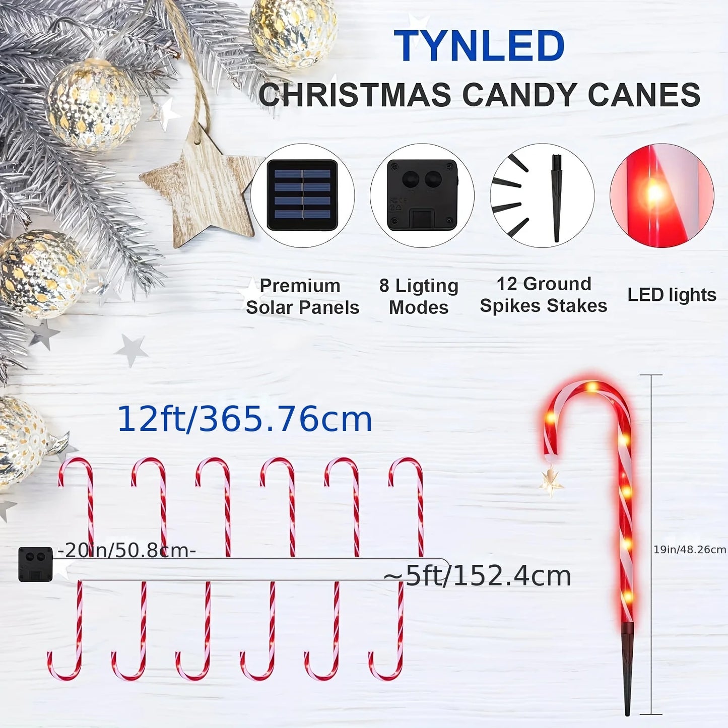 12PCS Solar-Powered Candy Cane Christmas Lights