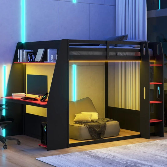 Bunk Bed with Desk and Storage Shelves