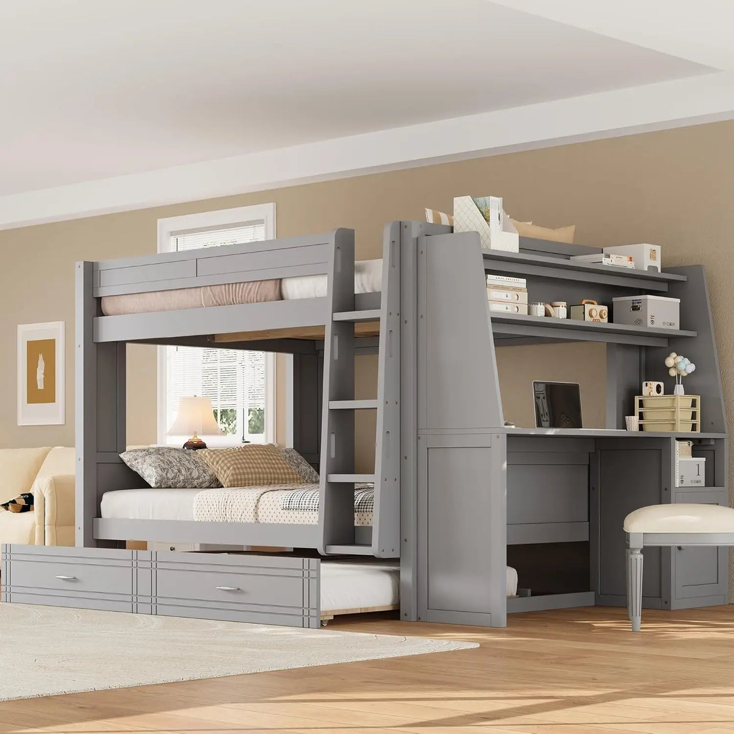 Full Bunk Bed with Desk and Bookshelves