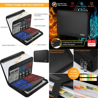 Accordion File Organizer, Fireproof, 13 Pocket