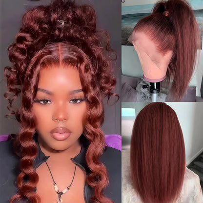 Reddish brown Kinky Straight Human Hair Wig