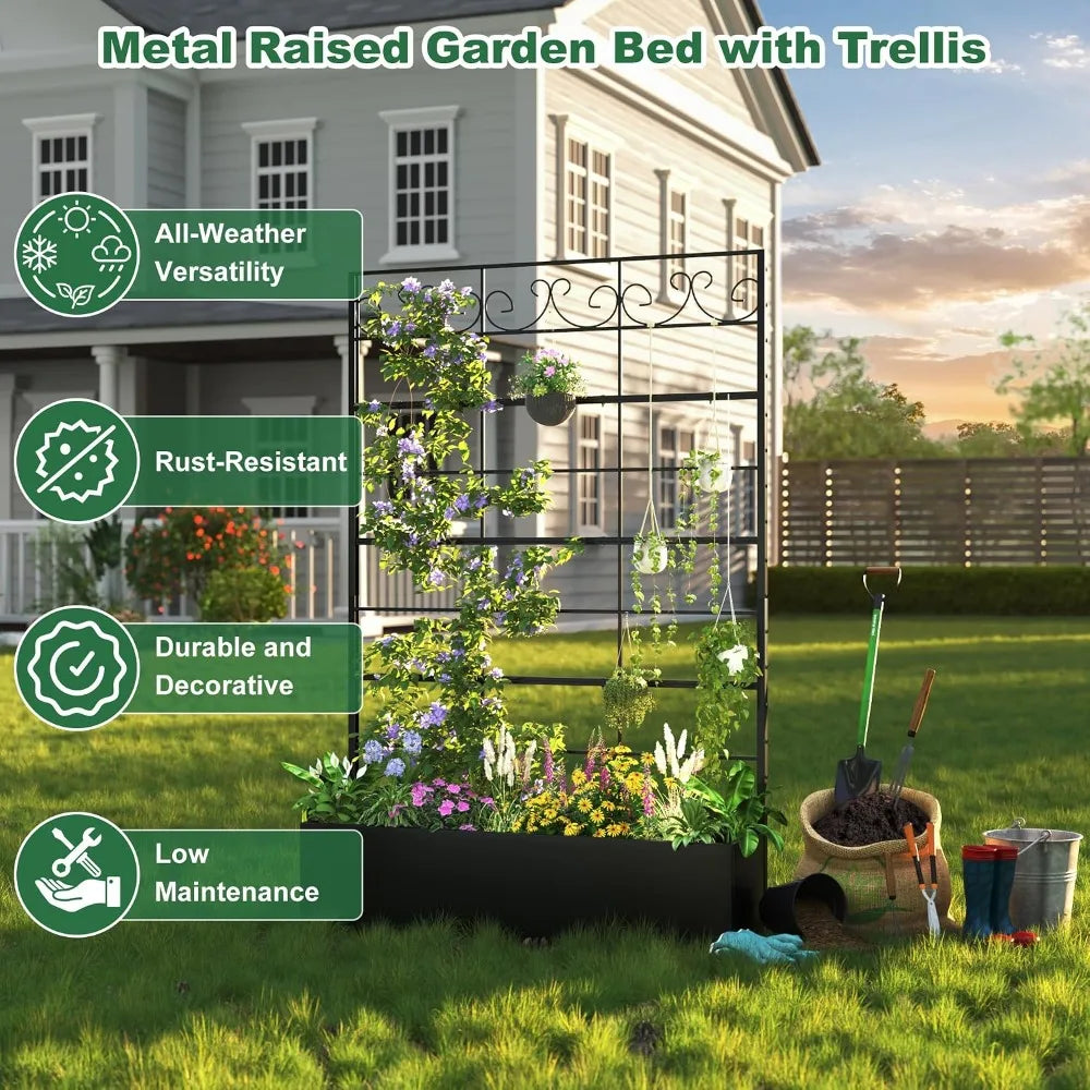 Metal Raised Planter Box with Trellis