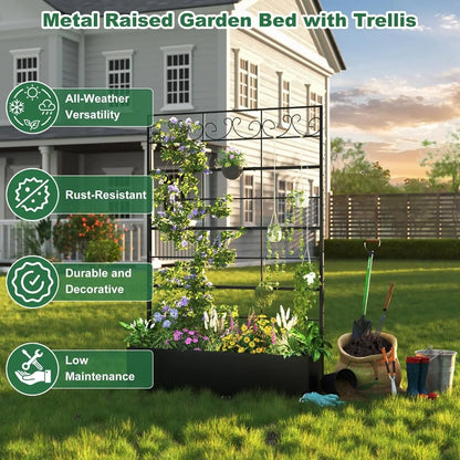 Metal Raised Planter Box with Trellis