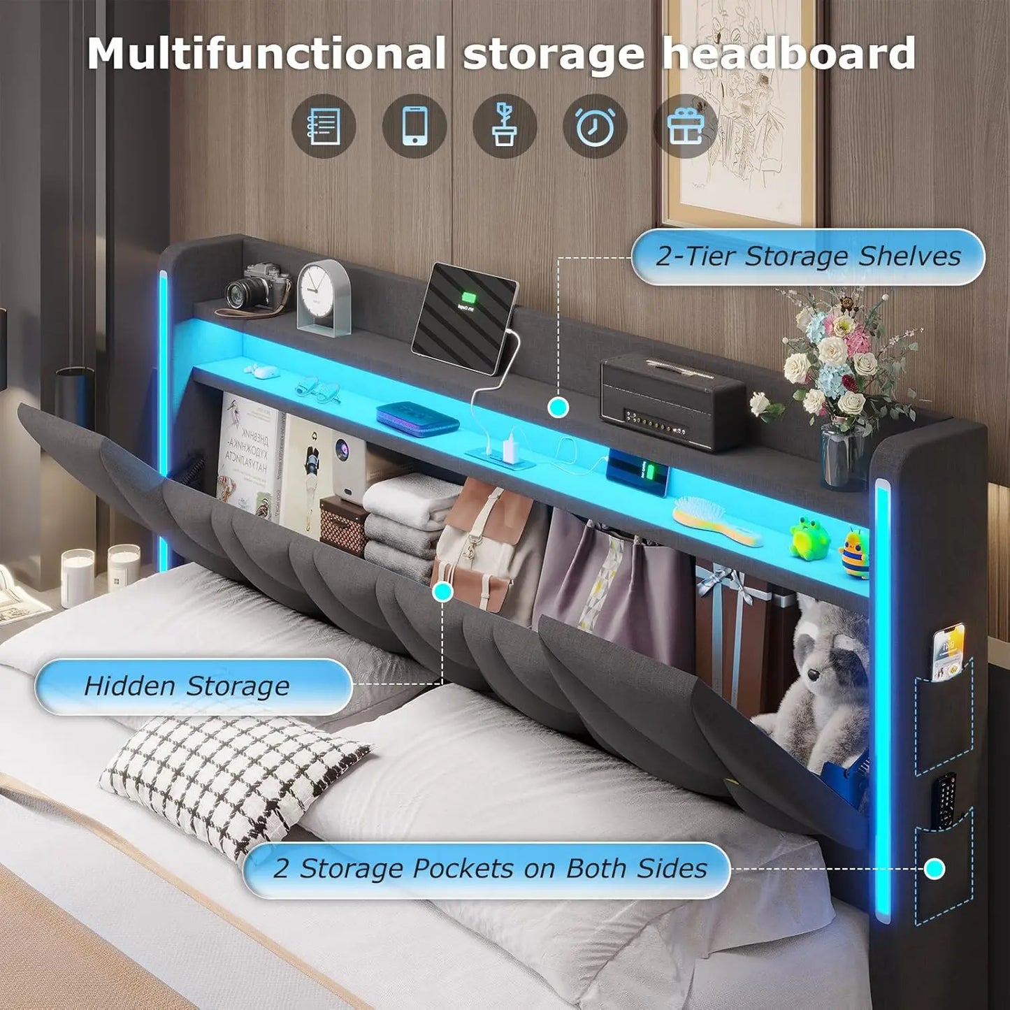 LED King Bed Frame with Storage