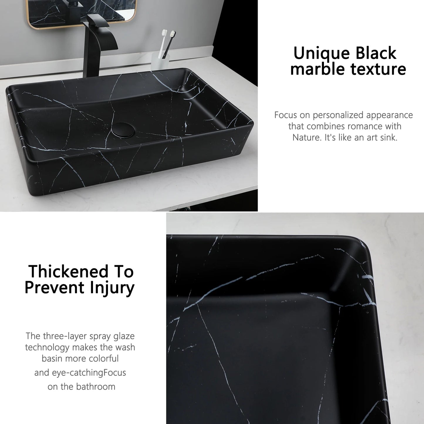 Black Rectangle Marble Bathroom Vessel Sink