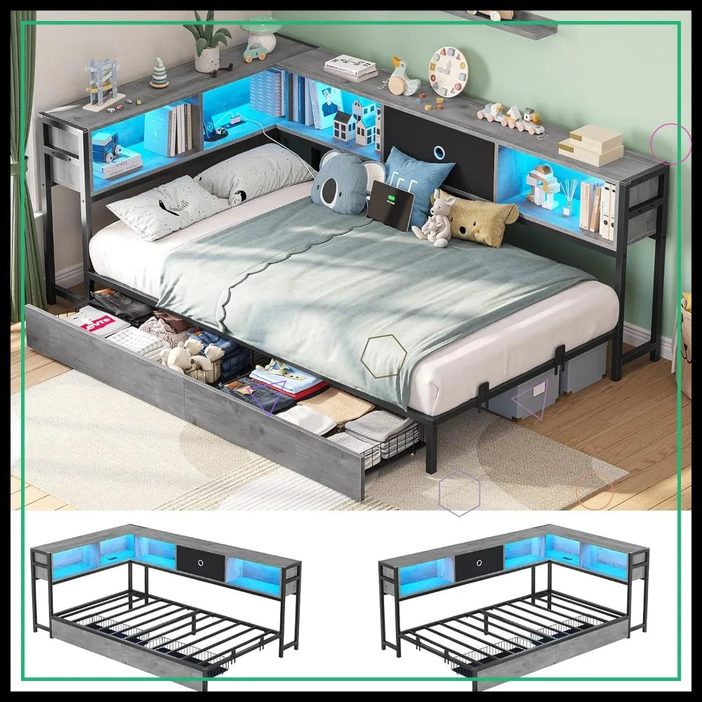 Twin Corner Bed Frame with Storage Drawers