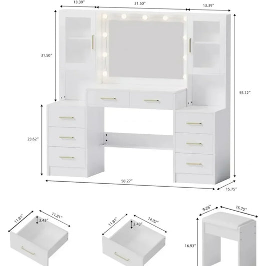 Large Vanity Desk with Mirror & Lights