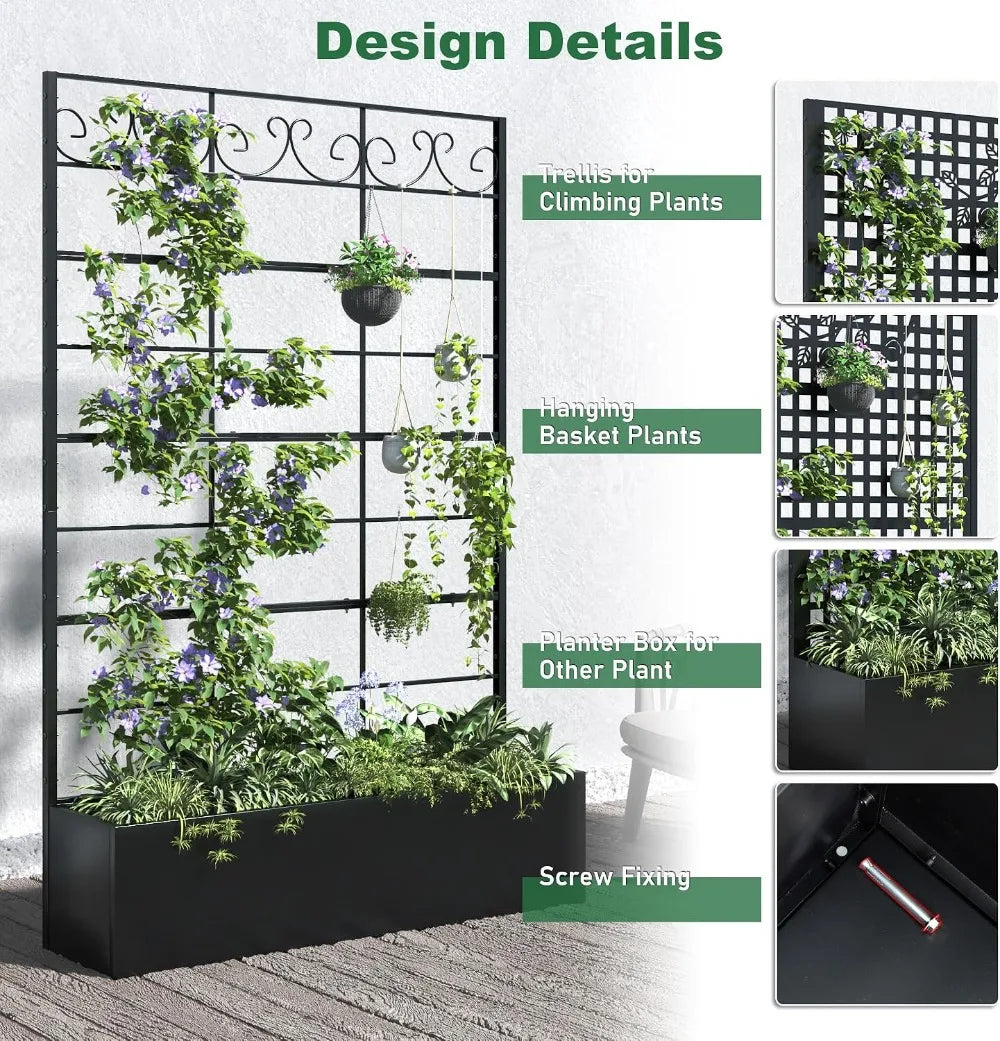 Metal Raised Planter Box with Trellis
