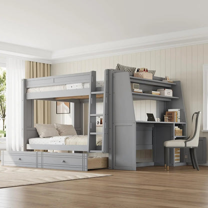 Full Bunk Bed with Desk and Bookshelves
