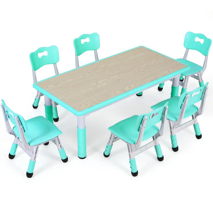 Homfa Rectangle Kids Table with 6 Chairs Set, Height Adjustable Toddler Multi Activity Table Set, Arts&Crafts Desk for 2-10 old