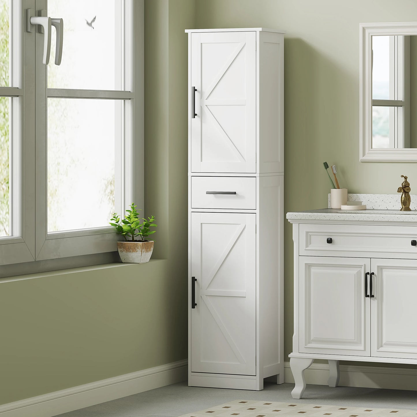 Farmhouse Narrow Bathroom Cabinet with Barn Doors