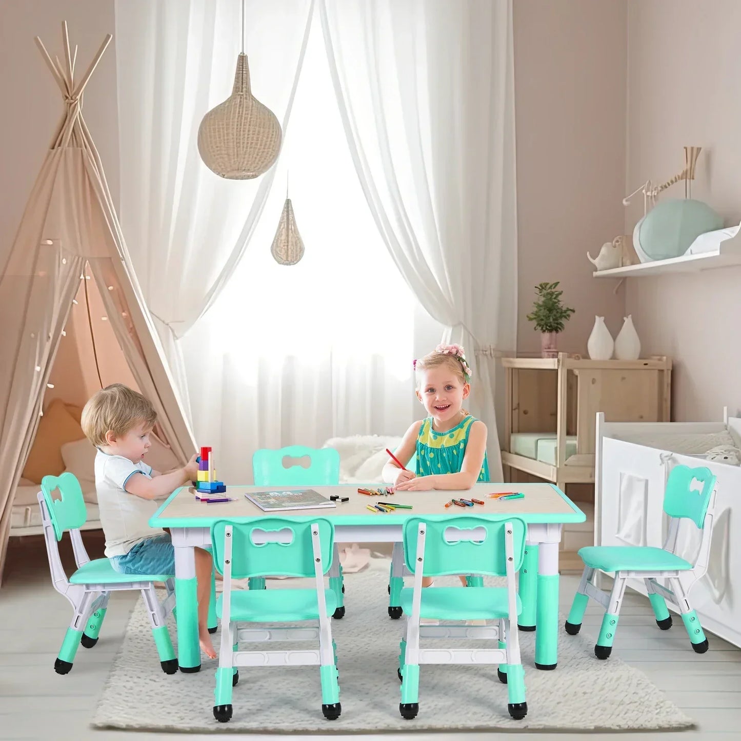 Homfa Rectangle Kids Table with 6 Chairs Set, Height Adjustable Toddler Multi Activity Table Set, Arts&Crafts Desk for 2-10 old