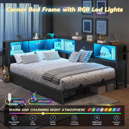 Platform Bed with Bookcase and Led Lights