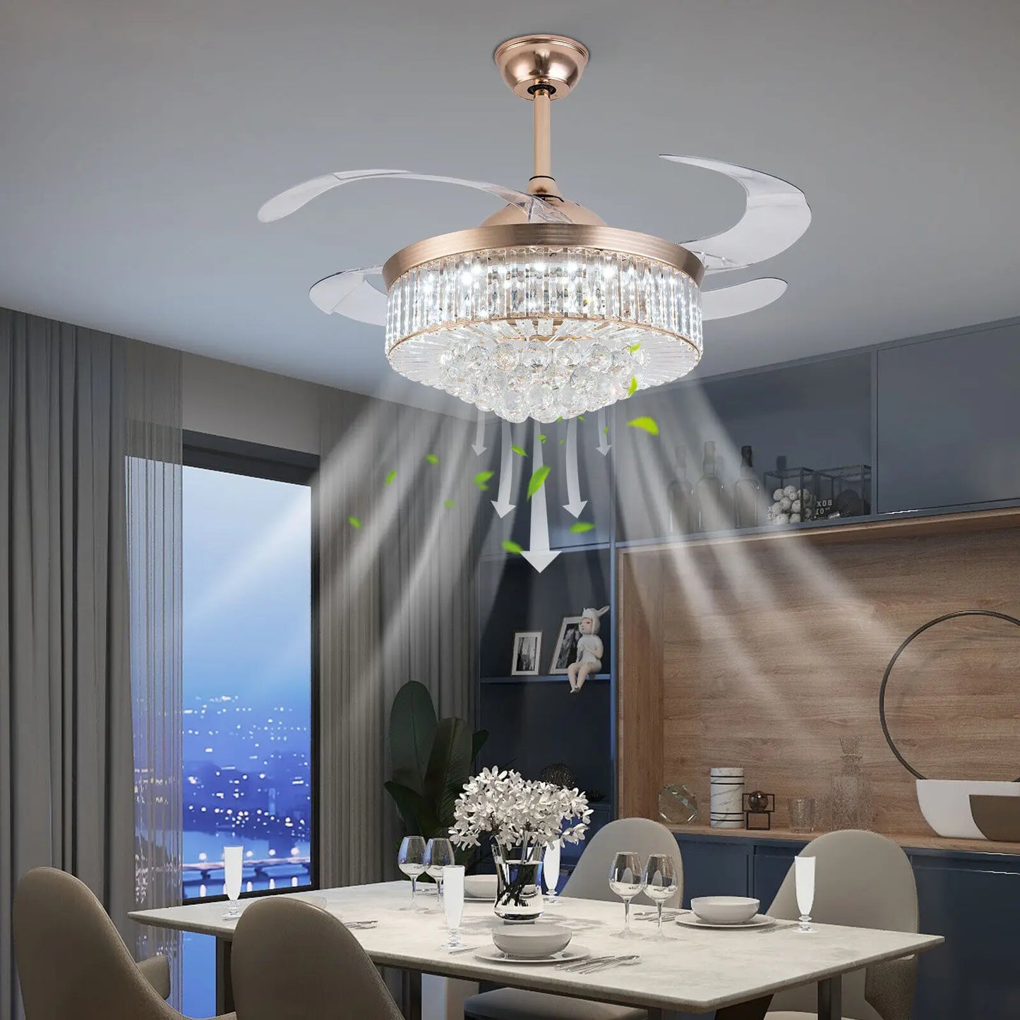 Ceiling Fan and Crystal Retractable Chandelier