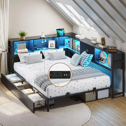 Platform Bed with Bookcase and Led Lights